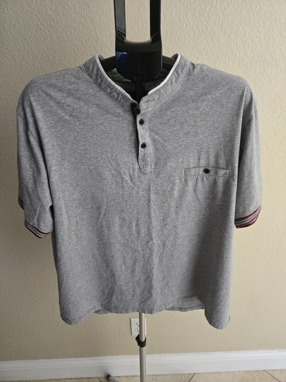 New York & Company Gray Henley Polo with Striped Sleeve Trim